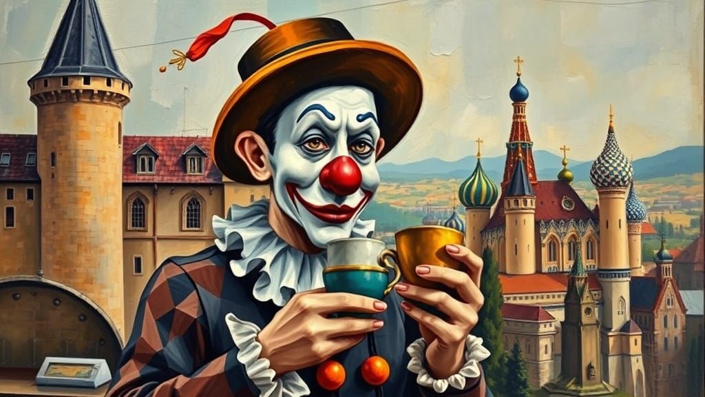 Surrealist Cubist Portrait of a Clown in a Castle