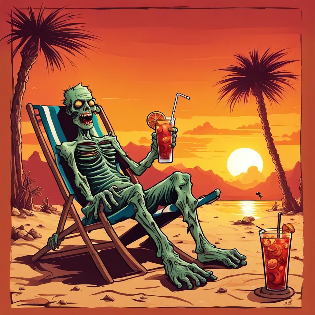 A zombie laying on a beach chair holding a fancy tropical dr...