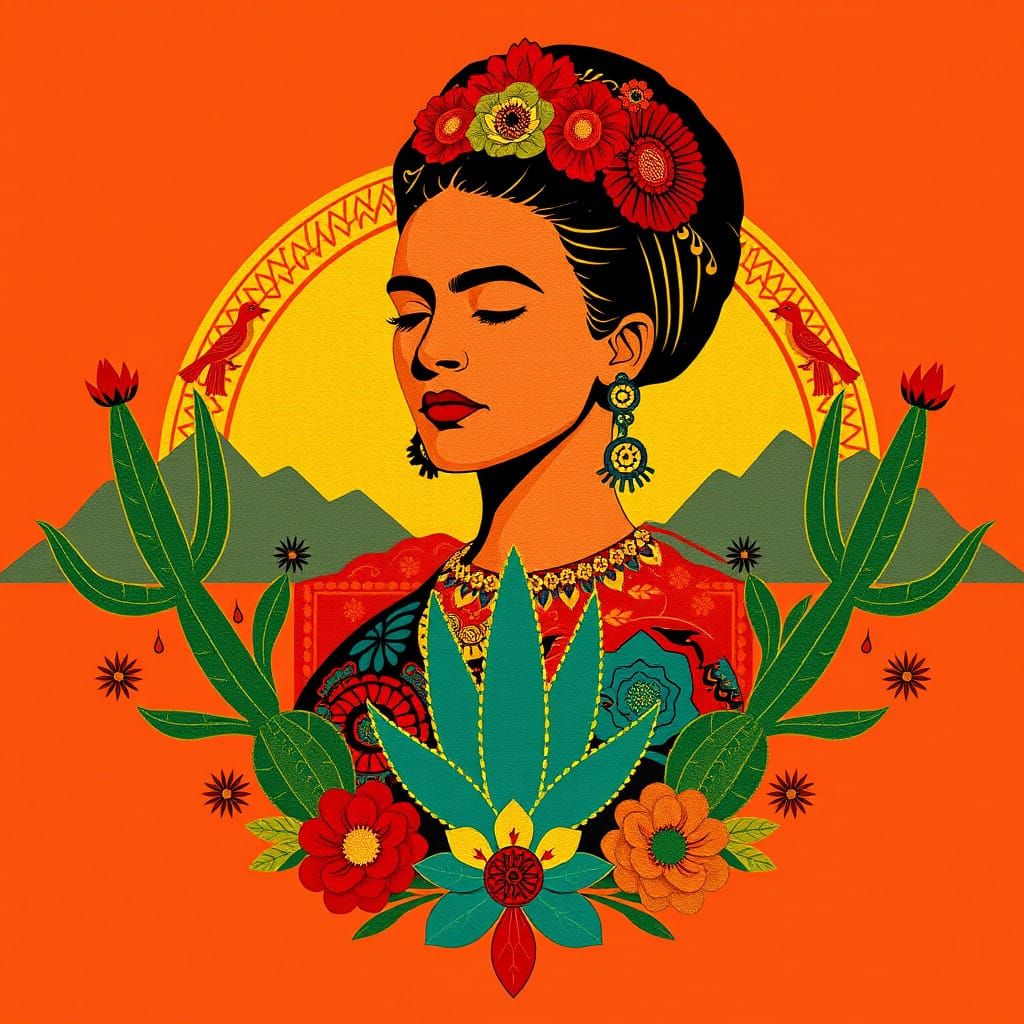Frida Kahlo in Vibrant Gold and Folkloric Embroidery