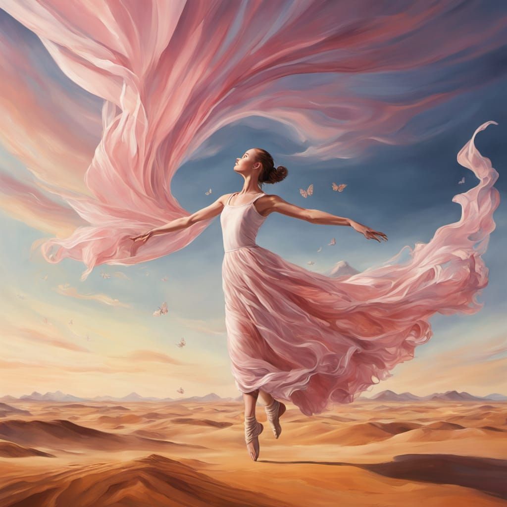 Ballerina in Surreal Desert Landscape as Oil Painting