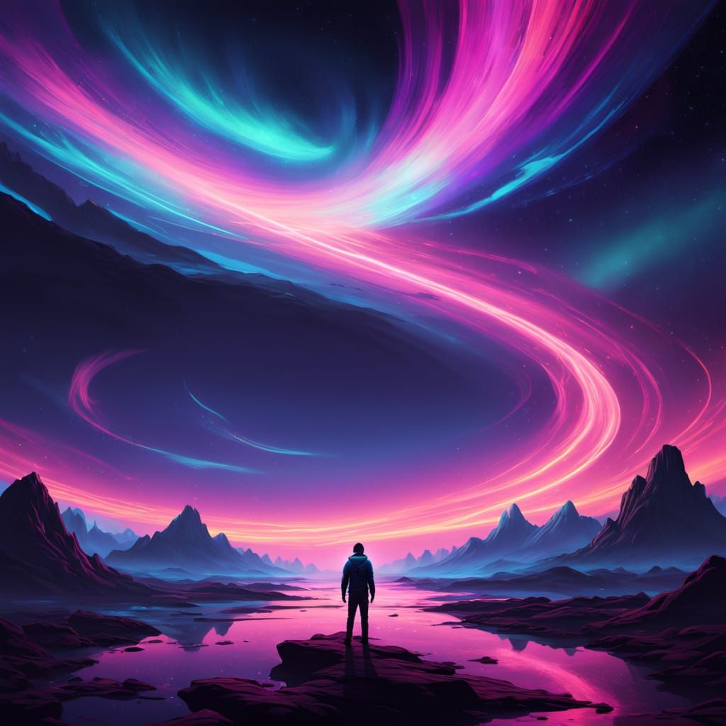 Lone Figure Gazes at Cosmic Aurora in Deep Color Concept Art