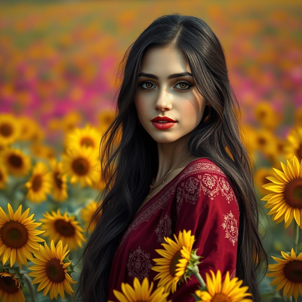 Realistic Young Woman in Burgundy Lahenga Amidst Vibrant Sun...