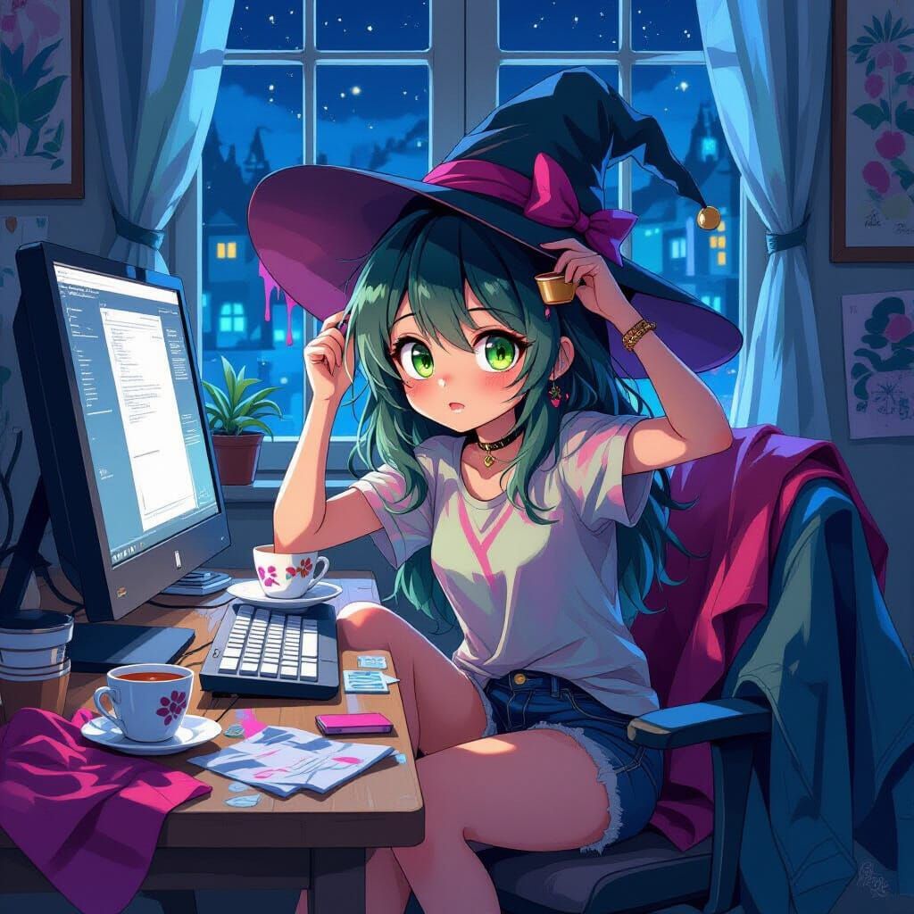 Anime Witch With Pink Hair Uses Graphics Tablet At Night