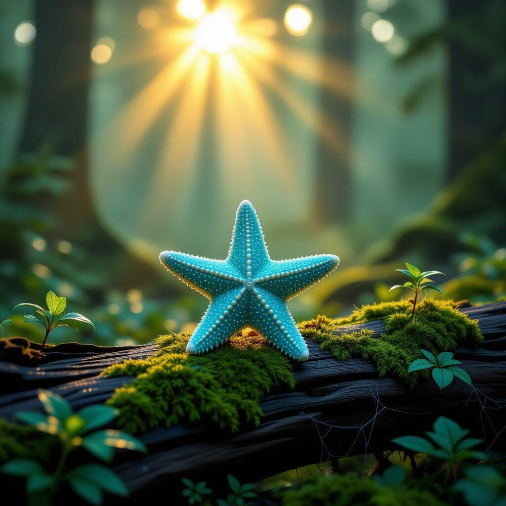 Turquoise Starfish in Sun-Dappled Forest Sunrise