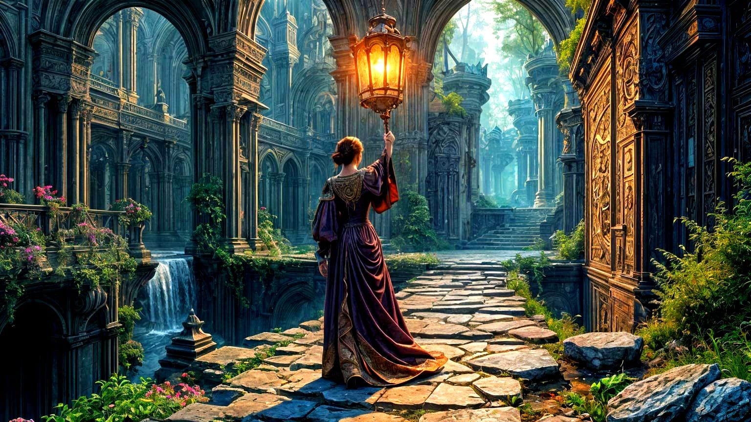 Ethereal Lantern on Ancient Bridge: Digital Art