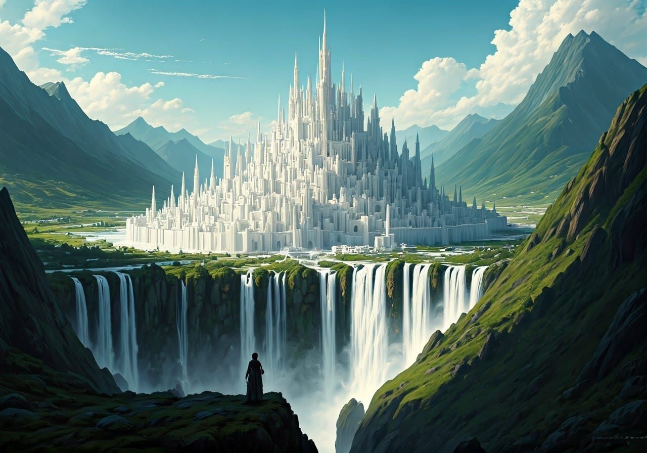 Fantasy Medieval City with Waterfall and White Towers