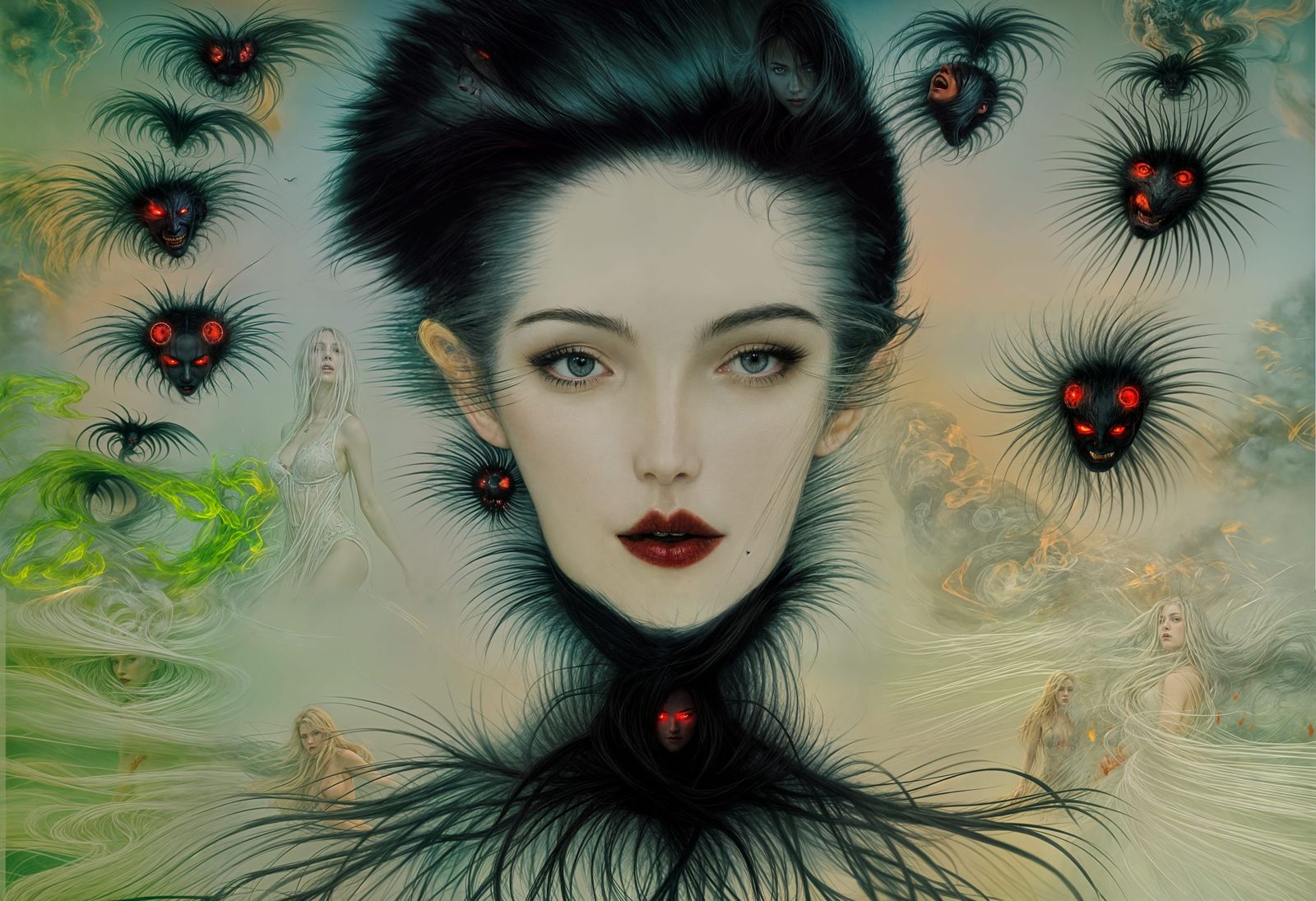 Sultry Vampire Goddess in Red Velvet Gown