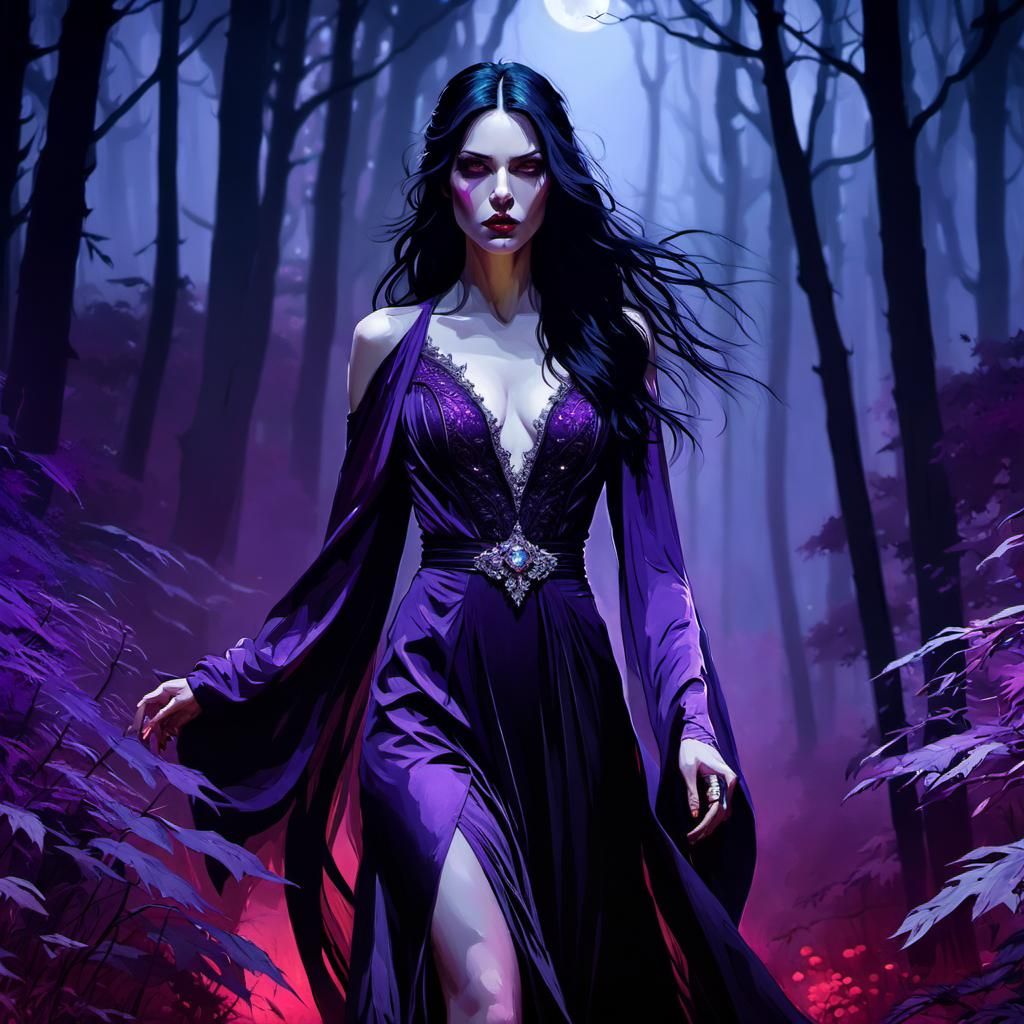 Vampire Girl in Purple Forest, Art Deco Style
