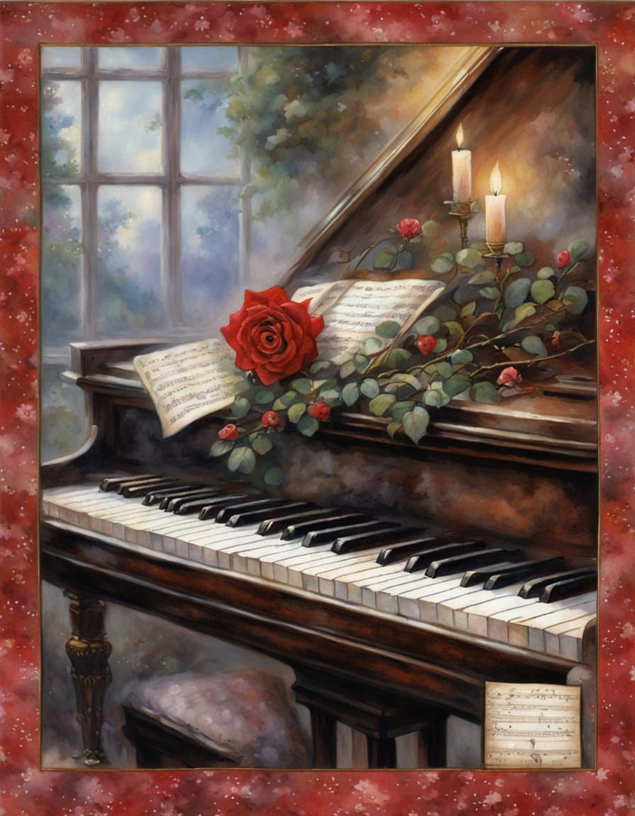 Ethereal Piano Scene with Rose and Flute