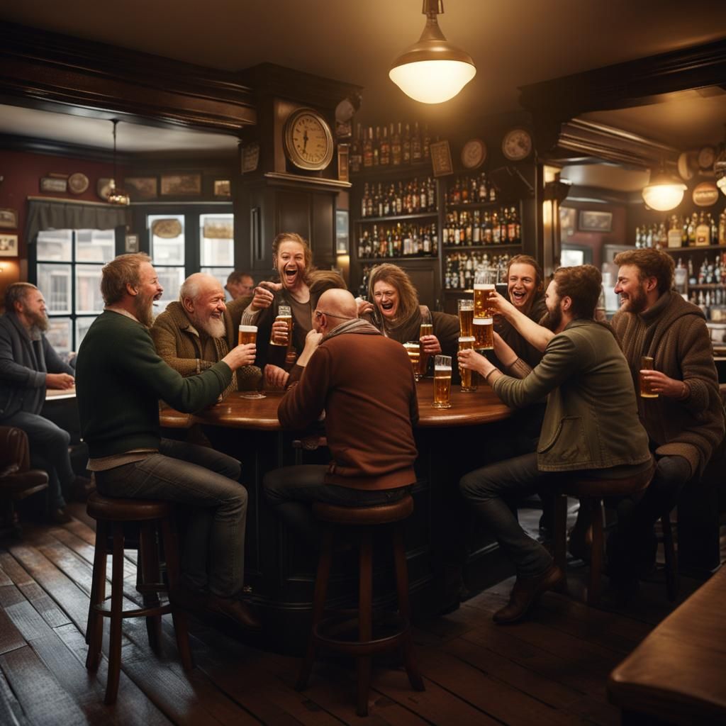 People Celebrating Beer in a Pub, Hyperrealistic