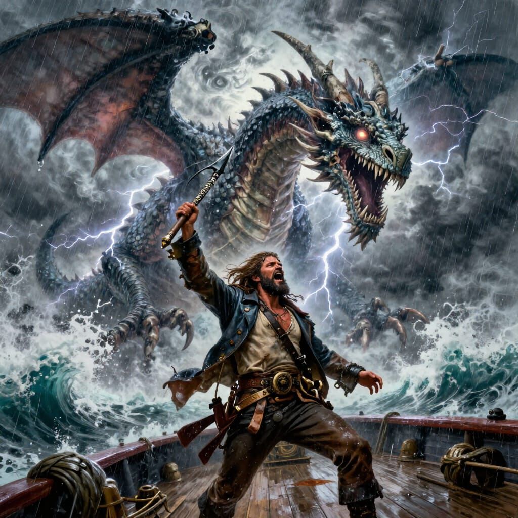 Sea Captain Battles Colossal Storm Dragon