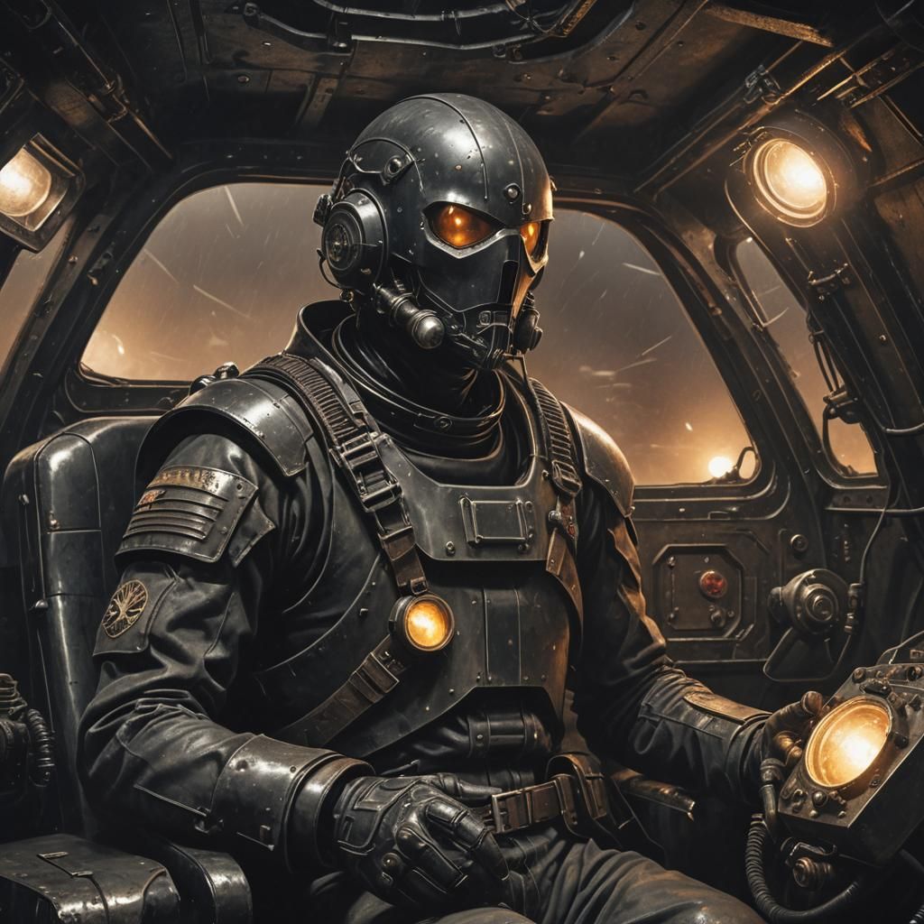 Armored Pilot in Rusty UFO: Dark Fantasy Illustration