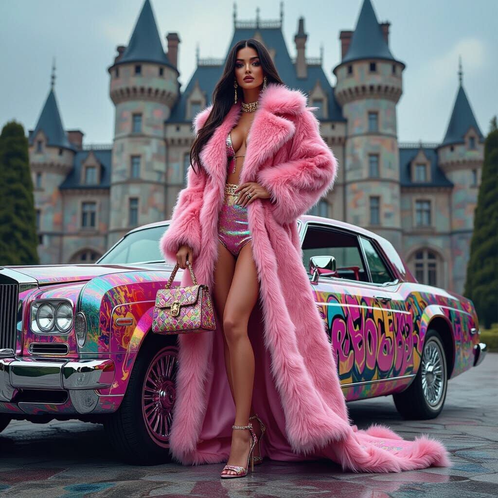 Iridescent Cobra Lady Steps From Car in Graffiti Castle