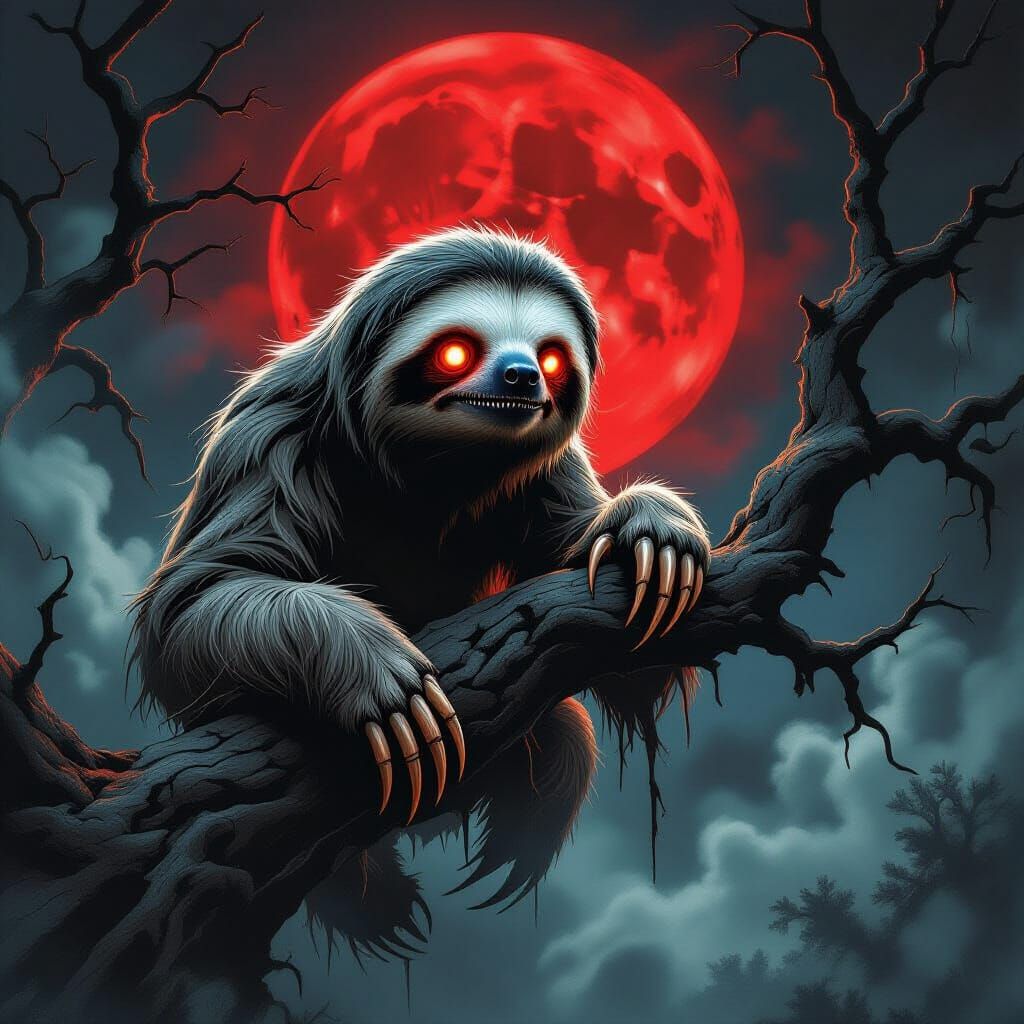 Terrifying Skeletal Sloth with Glowing Eyes in Etching Style