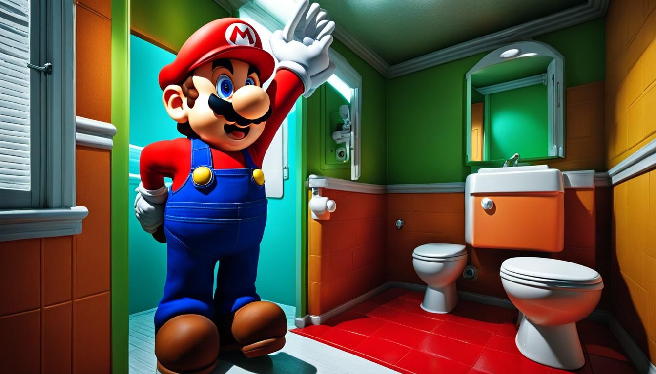 Mario Plunging Overflowing Toilet in Realistic Detail