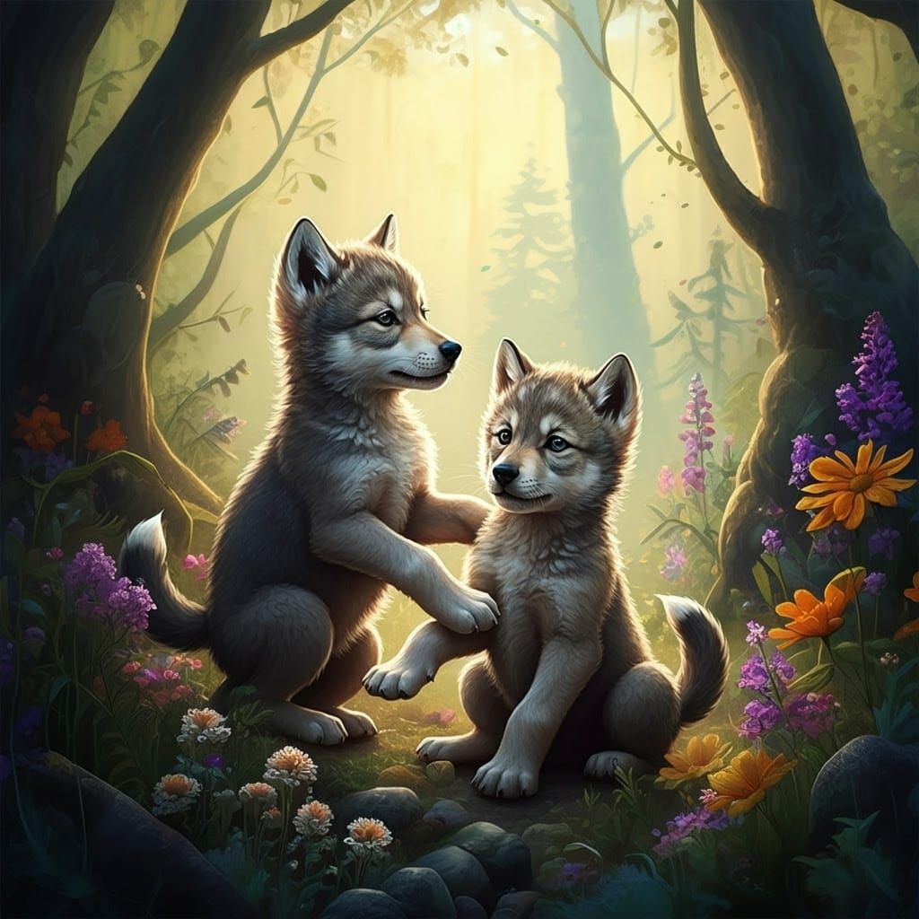 Whimsical Wolf Cubs Playing in Wildflower Meadow