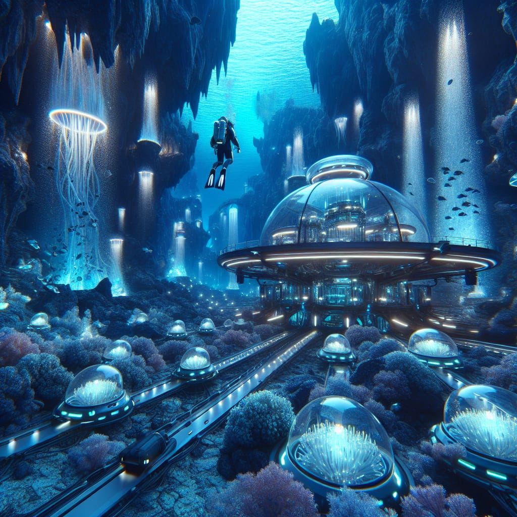 Bioluminescent Underwater Cavern in Science Fiction Style