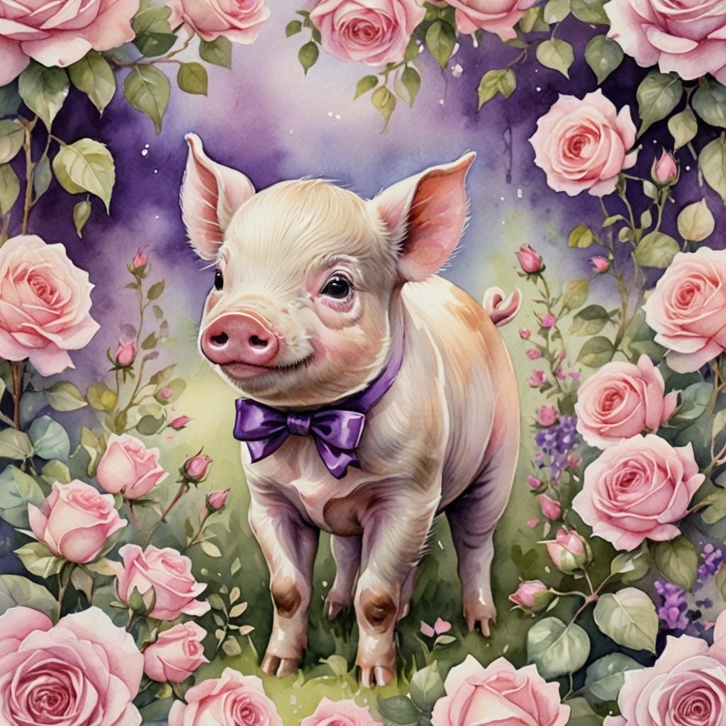 Baby Pig with Roses: Whimsical Watercolor Illustration
