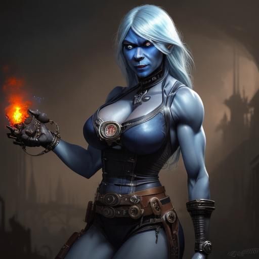 Steampunk Drow Giantess with Blue Eyes