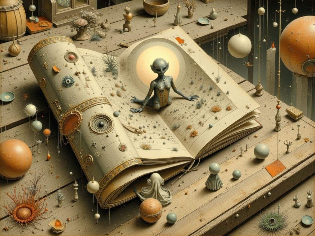 Ancient Book of Alien Worlds in Sepia Tones