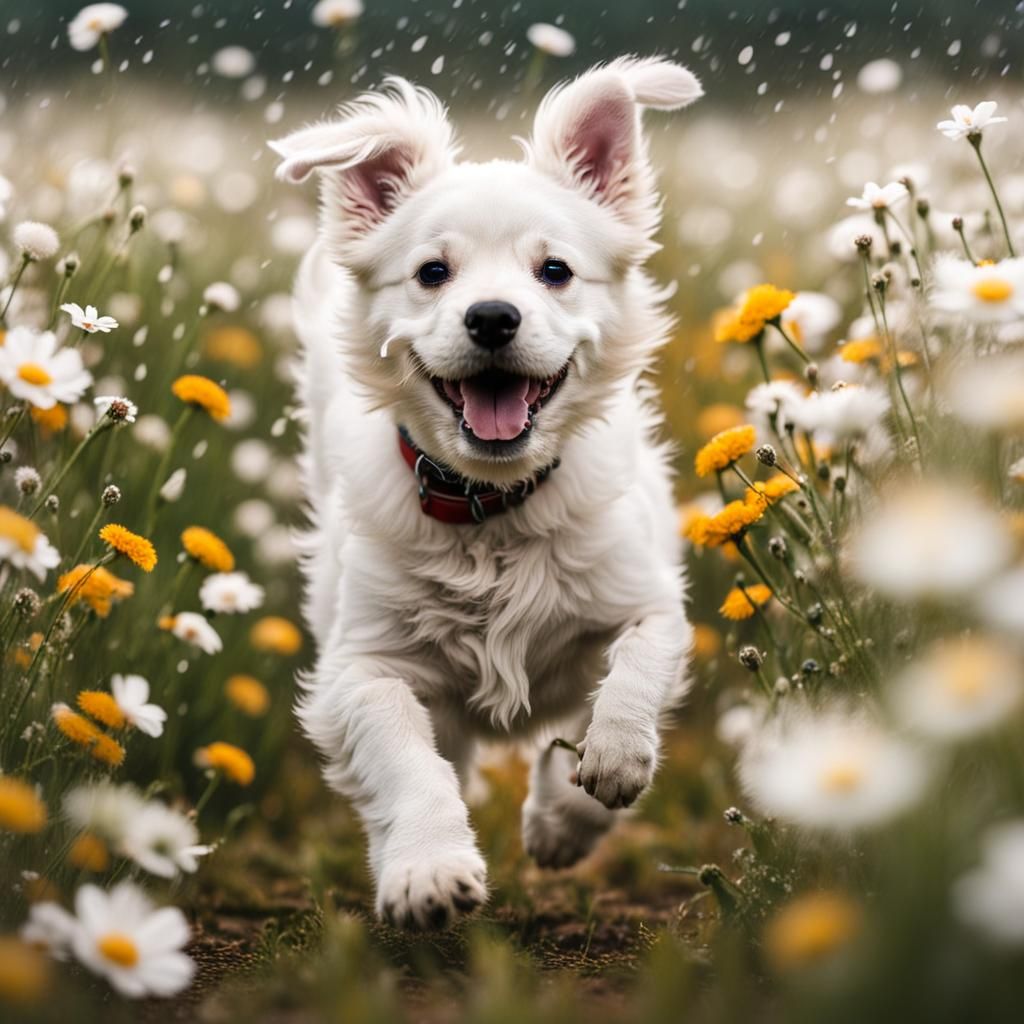 Happy Puppy Running Through Flower Field