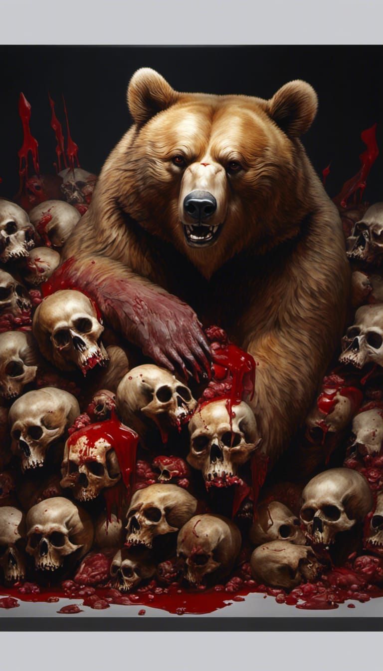 Hyperrealistic Bloody Bear on Skull Pile