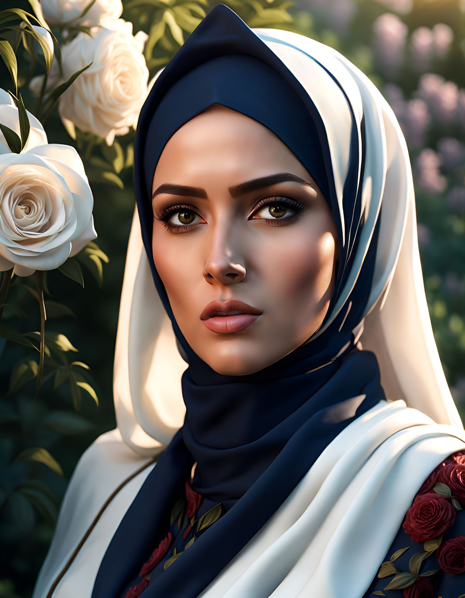 Beautiful Hijabi Woman in Victorian Garden, Digital Art