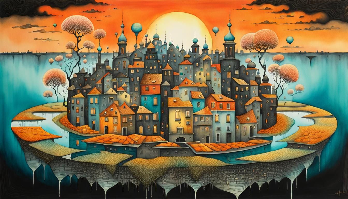 Surreal Cityscape in Watercolor Style at Golden Hour