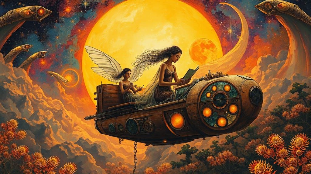 Surreal Spacecraft Sails Through Sunset Galaxy in Glass Fore...