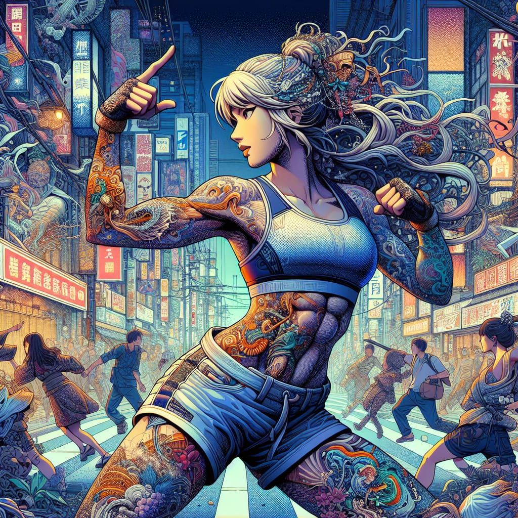 Magnificent Woman in Tokyo Street Fight: Anime Manga Style