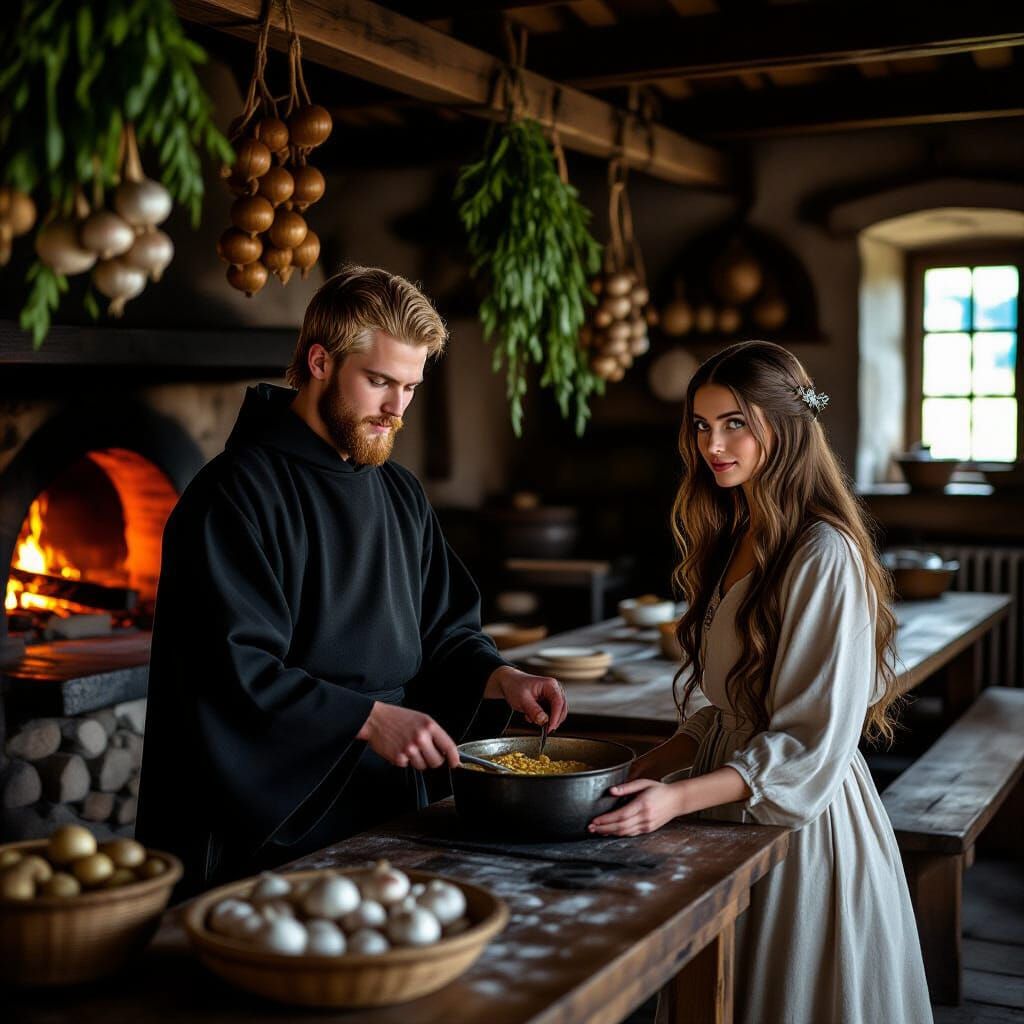 Monk Cooking in Rus' Refectory, Cinematic Photorealism