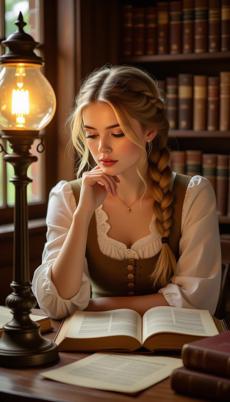 Young Woman Studying by Gas Lamp in Rustic Setting