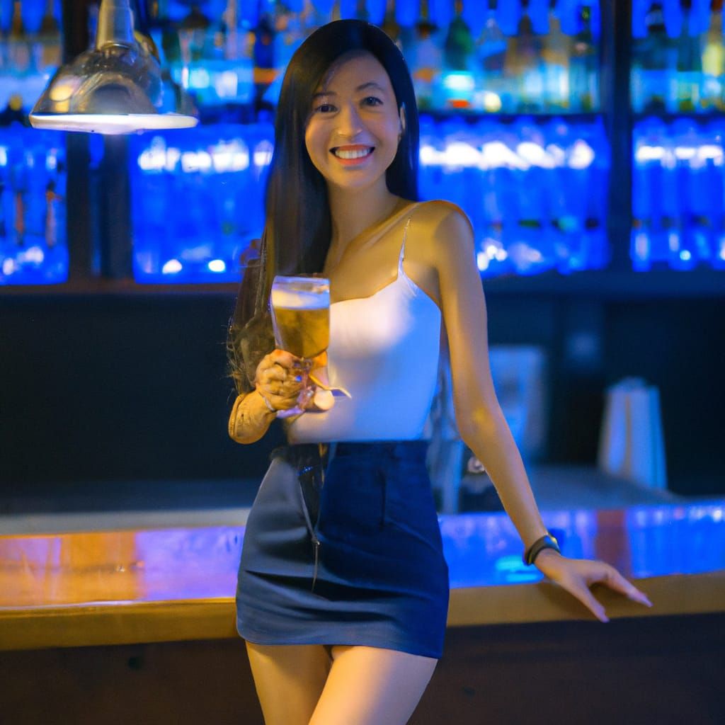 Smiling Asian Woman with Beer at Dimly Lit Bar