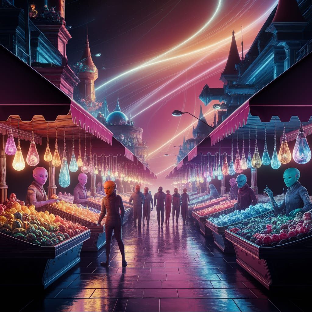 Alien Merchants in a Bustling Intergalactic Market