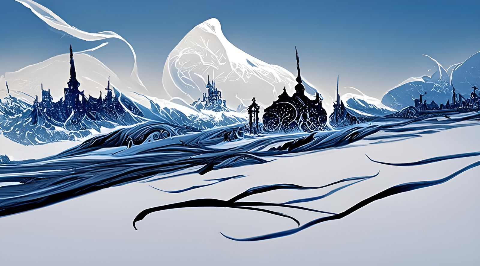 Icy Fantasy Landscape in Art Nouveau Style