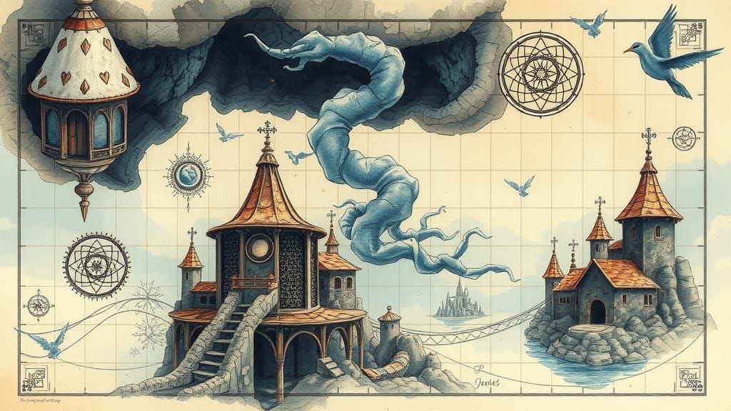 Fantasy Locations in Watercolour Blueprint Style