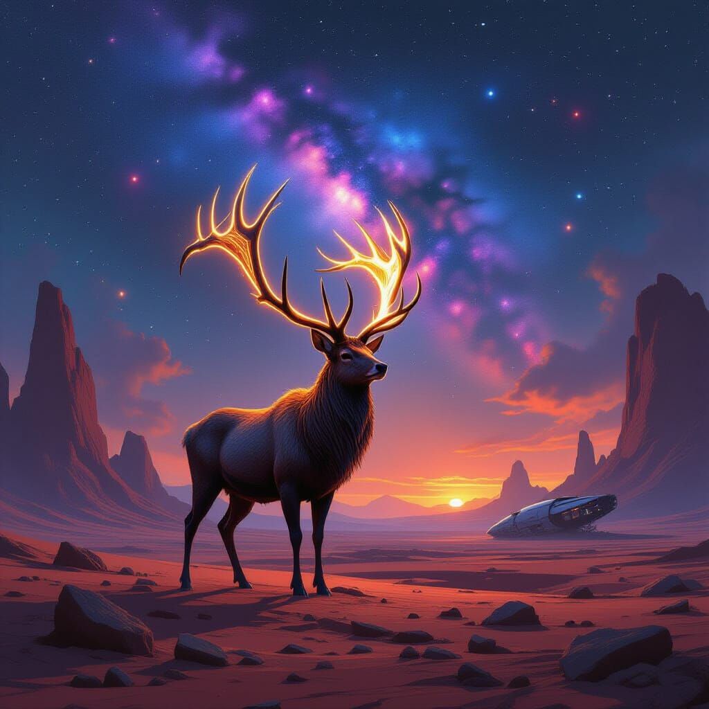 Ancient Stag on Alien Planet Under Nebula Sky