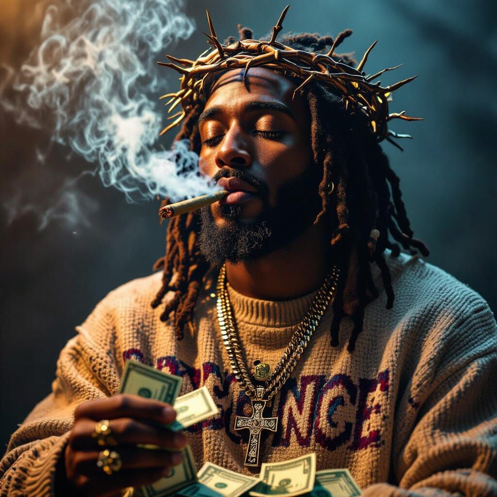 Black Jesus Smoking Blunt, Counting Money in Chiaroscuro Sty...