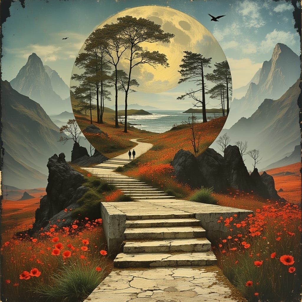 Stairway to Cosmic Valley with Golden Globe and Poppy Fields