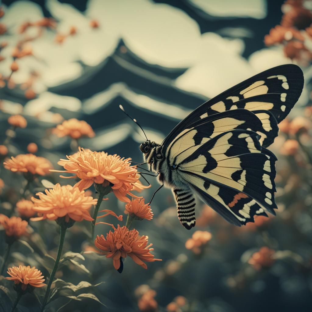 Ukiyo-e Butterfly Moth: Cinematic Film Still
