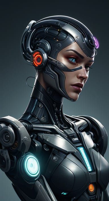 Cybernetic Female Cyborg with Intense Gaze in Dynamic Splash...