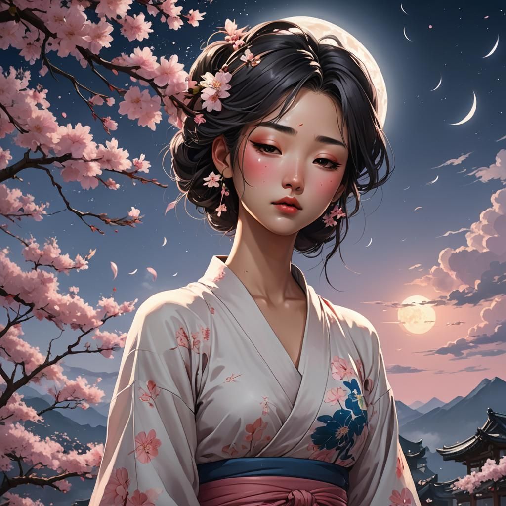 Sad Asian Woman with Sakura, 3D Anime Art