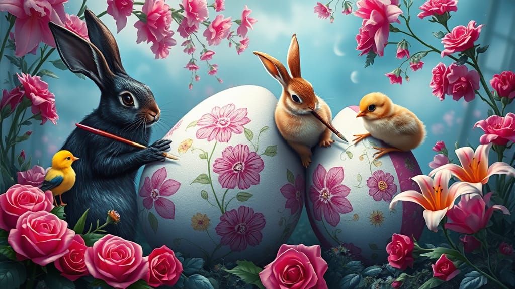 Rabbits and Chicks Painting Easter Eggs: Cyberpunk Fairytale
