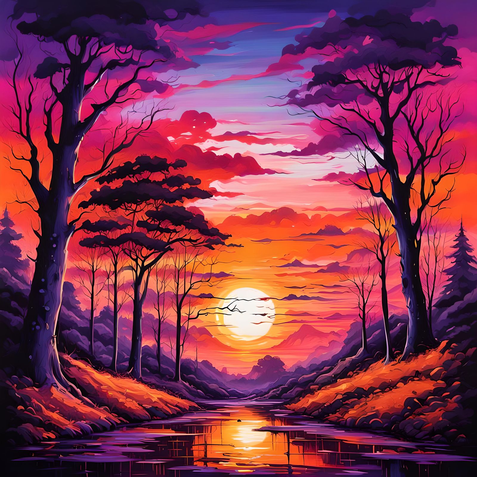 Epic Sunset Through Trees in Graffiti Art Style