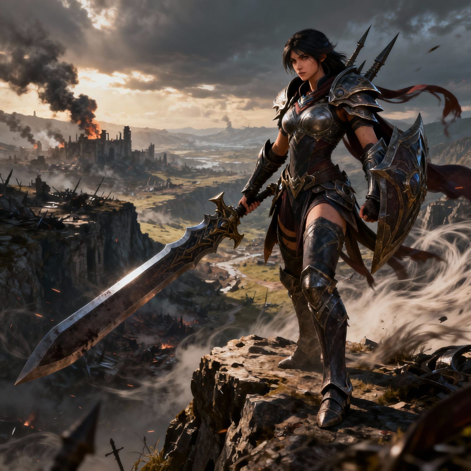 Epic Female Warrior Riven on War-Torn Valley Precipice