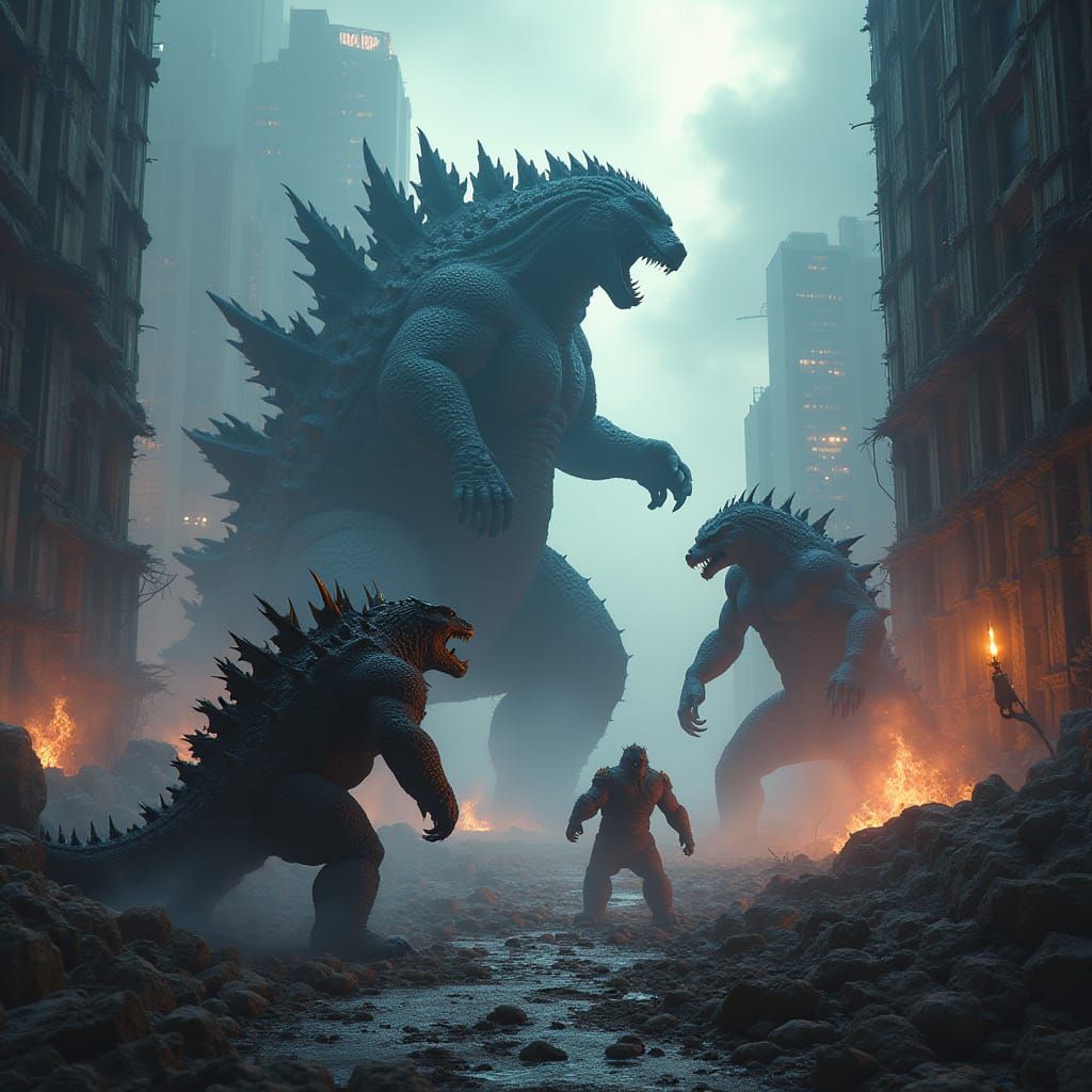 Godzilla, Kong, and Ghidorah Confront King Scar in a Ruined ...