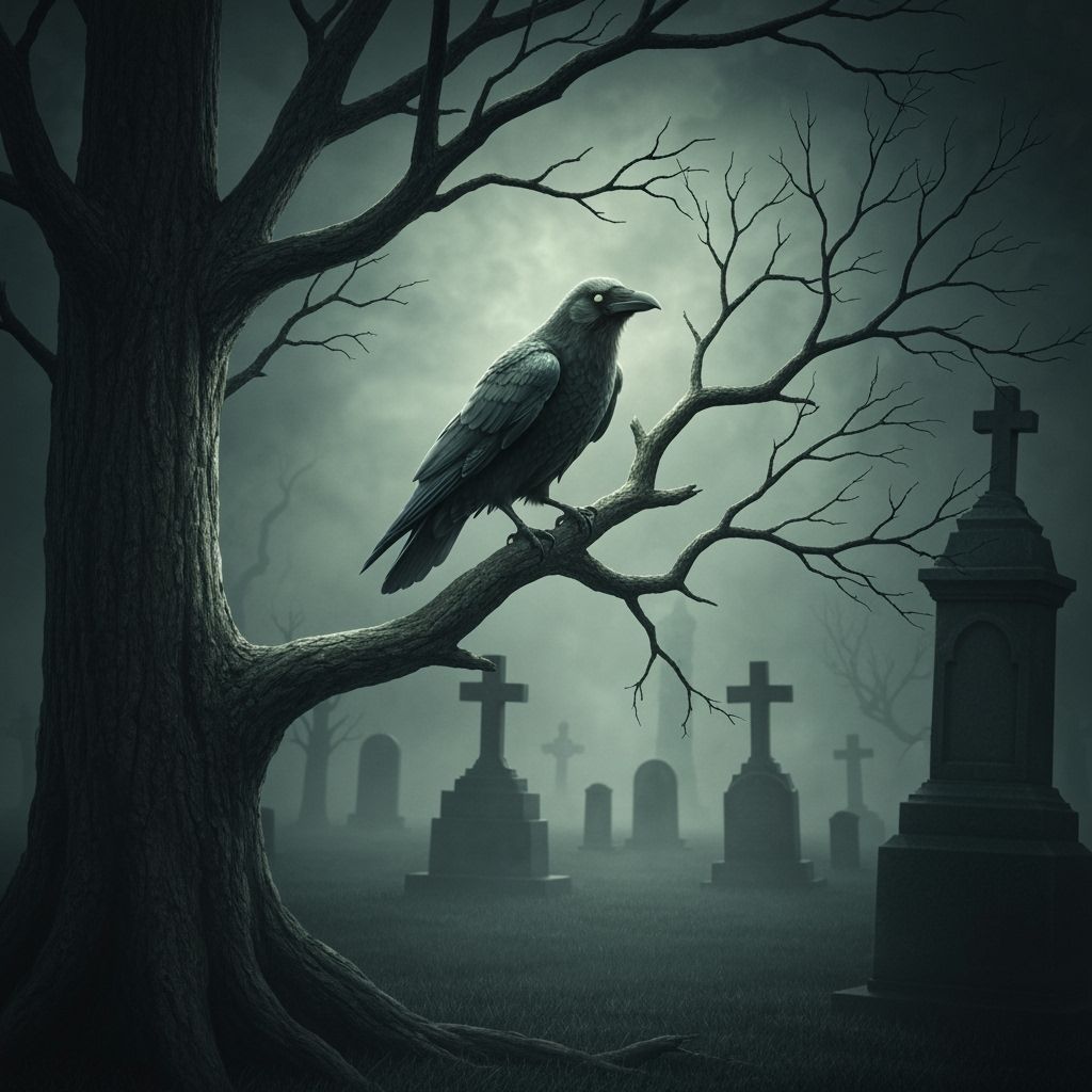Spectral Raven in Misty Cemetery, Gothic Dark Fantasy