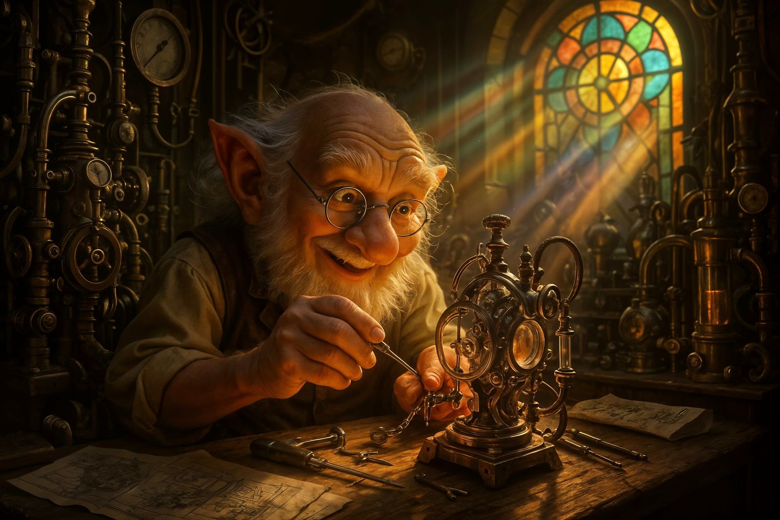 Gnome Inventor Tinkers in Clockpunk Workshop