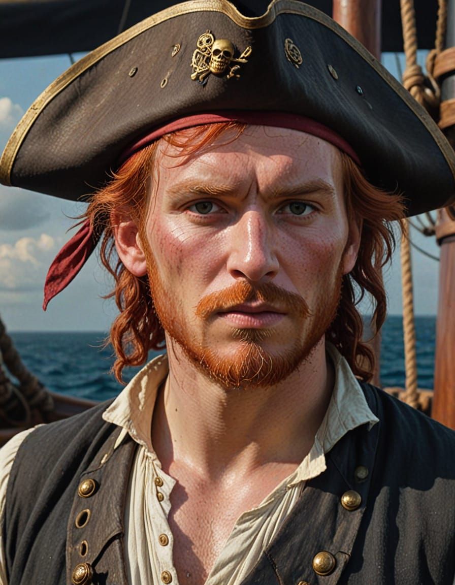 Red-Haired Pirate in Golden Hour Oil Painting