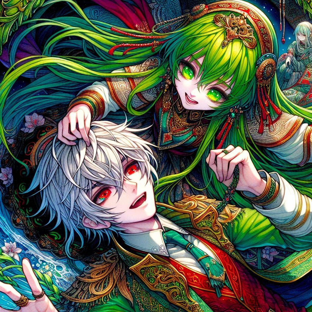 Anime Girl Tickling Emo Boy in Vibrant Fantasy Art